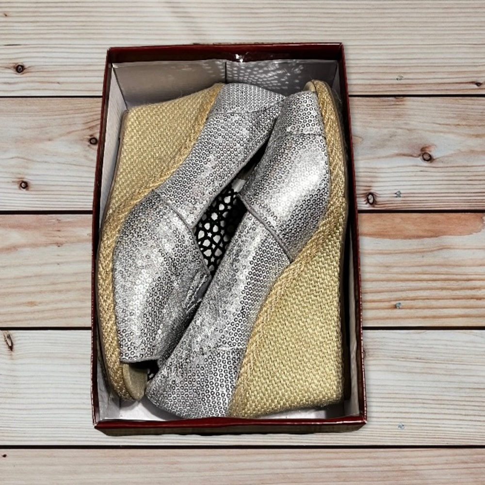 Silver sequin peep toe wedges